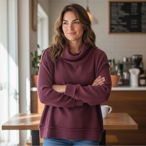 Free People We The‎ Free Long Sleeve Cowl Neck Ribbed Sweater Top, Mauve, Size S